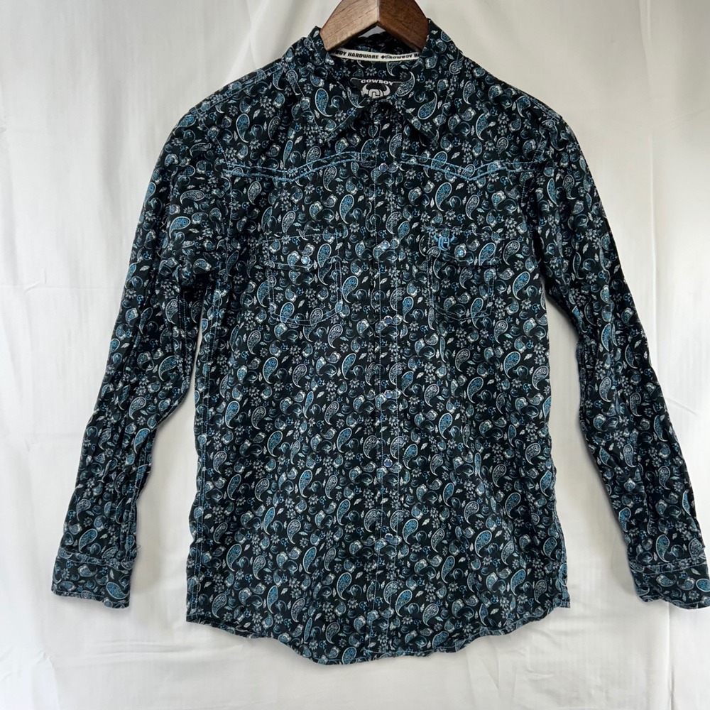 Cowboy Hardware Western Shirt Boys XL Black Blue Paisley Pearl Snap Long Sleeve